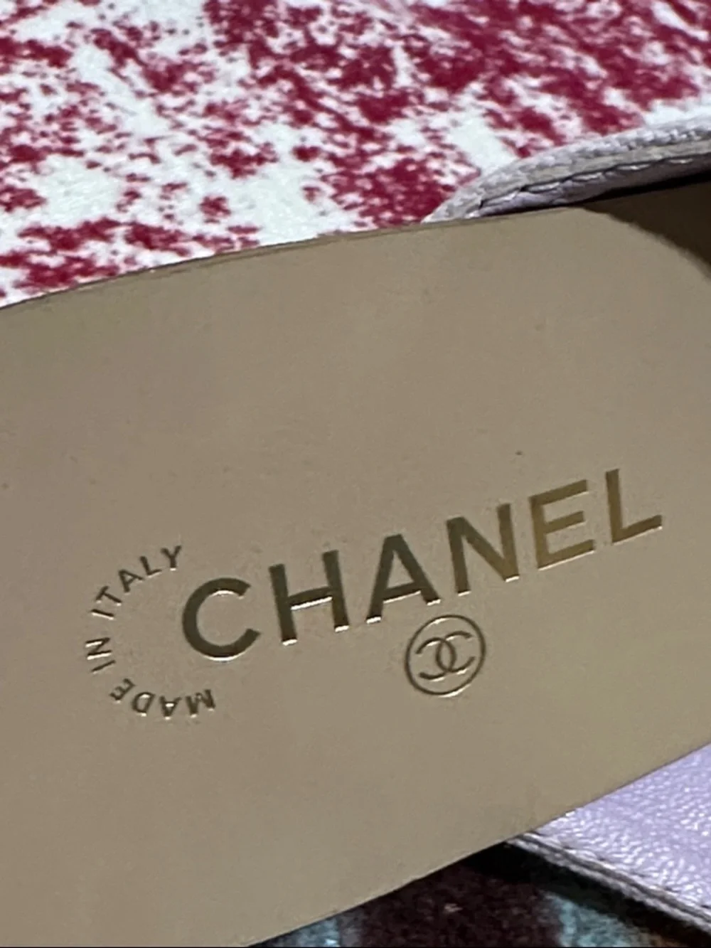CHANEL Light Purple Canvas Mules with Red Flower Accent